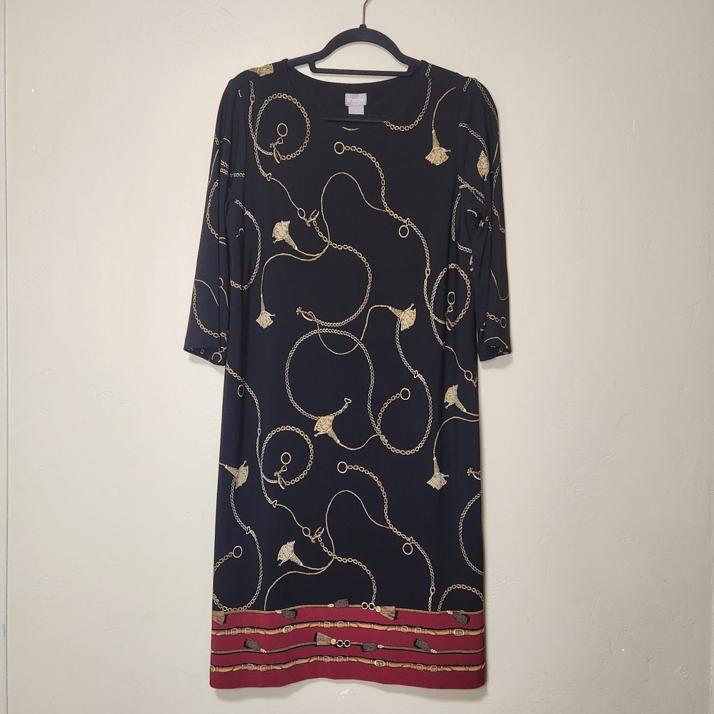 Chico's Size 1 Medium‎ Black Gold Chain Print Shift Dress 3/4 Sleeve Knee Length